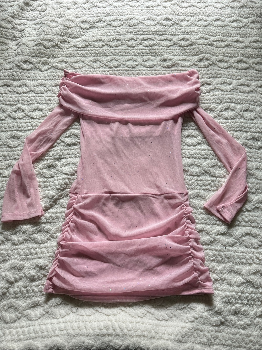 Pink Off-Shoulder Ruched Long Sleeve Mini Dress